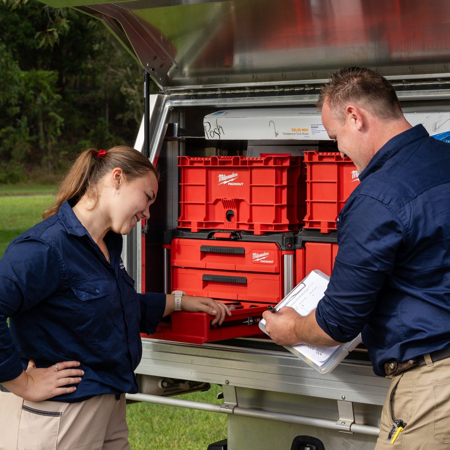 Checking parts stock at the service vehicle